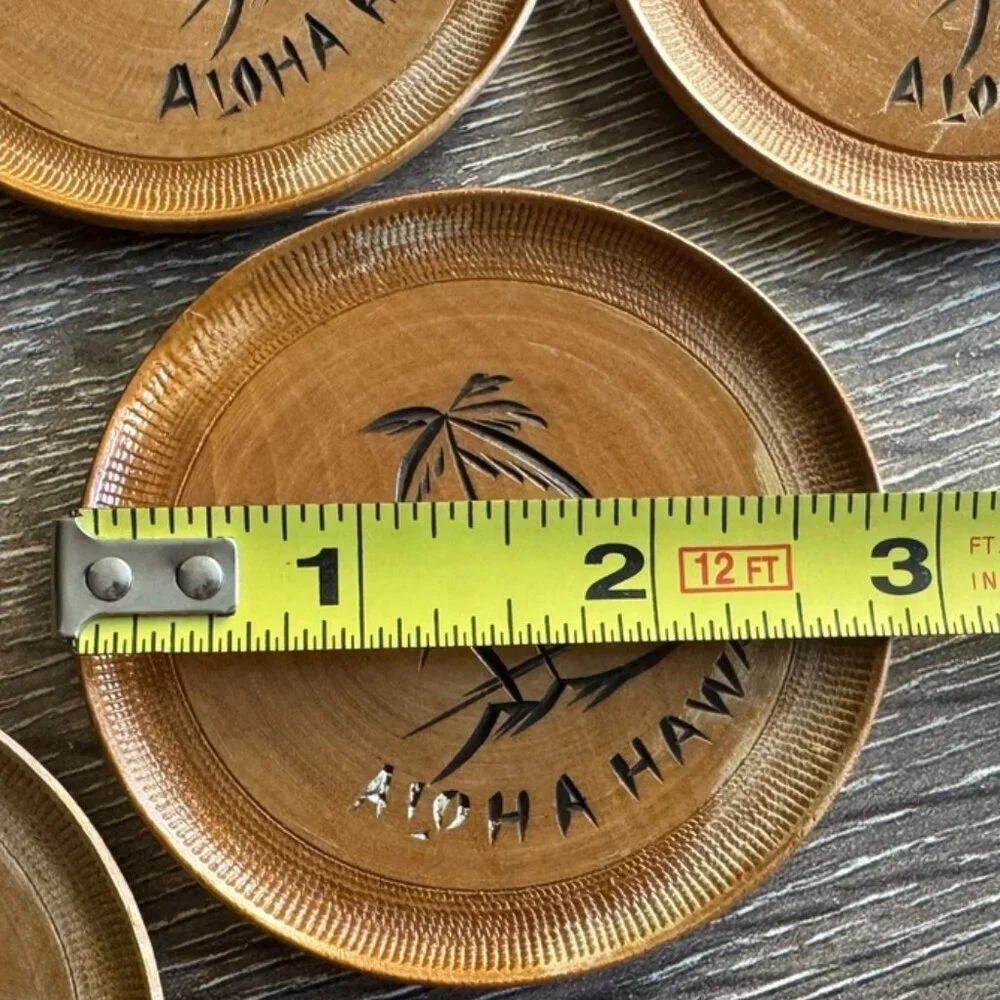 Set of 8 Vintage Wooden Carved Coasters with Container Holder.